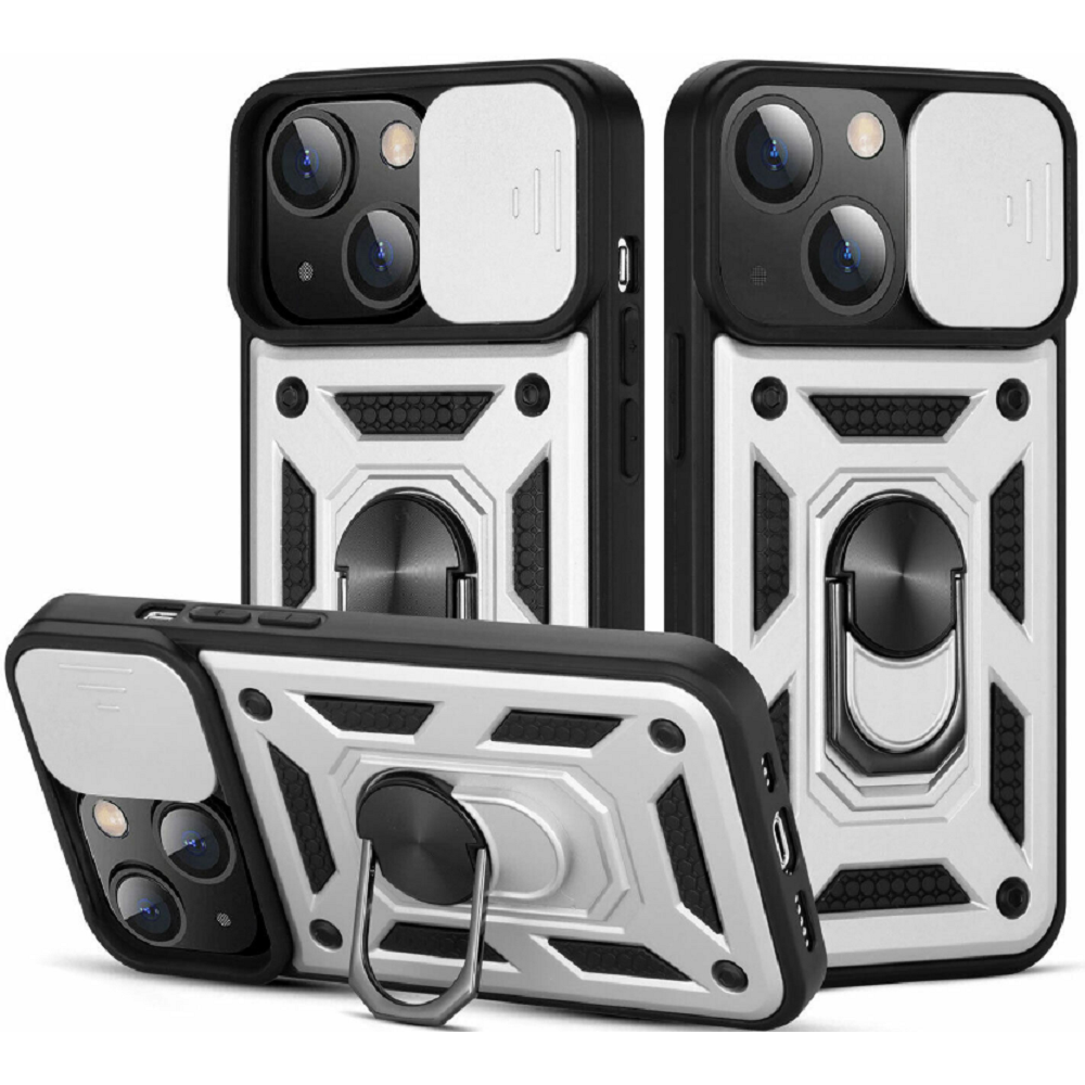 Bodycell Armor Slide - Ανθεκτική Θήκη Apple iPhone 13 mini με Κάλυμμα για την Κάμερα & Μεταλλικό Ring Holder - Silver (5206015013812)