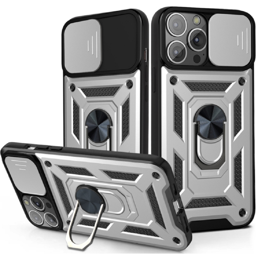Bodycell Armor Slide - Ανθεκτική Θήκη Apple iPhone 13 Pro Max με Κάλυμμα για την Κάμερα & Μεταλλικό Ring Holder - Silver (5206015013836)