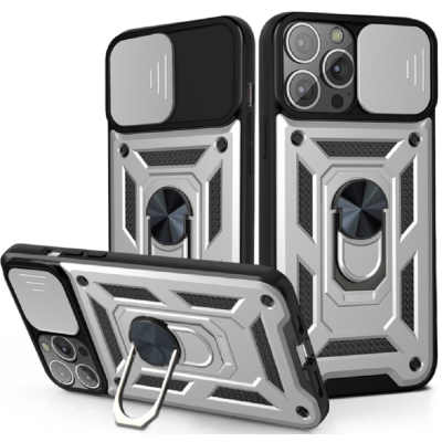 Bodycell Armor Slide - Ανθεκτική Θήκη Apple iPhone 13 Pro Max με Κάλυμμα για την Κάμερα & Μεταλλικό Ring Holder - Silver (5206015013836)