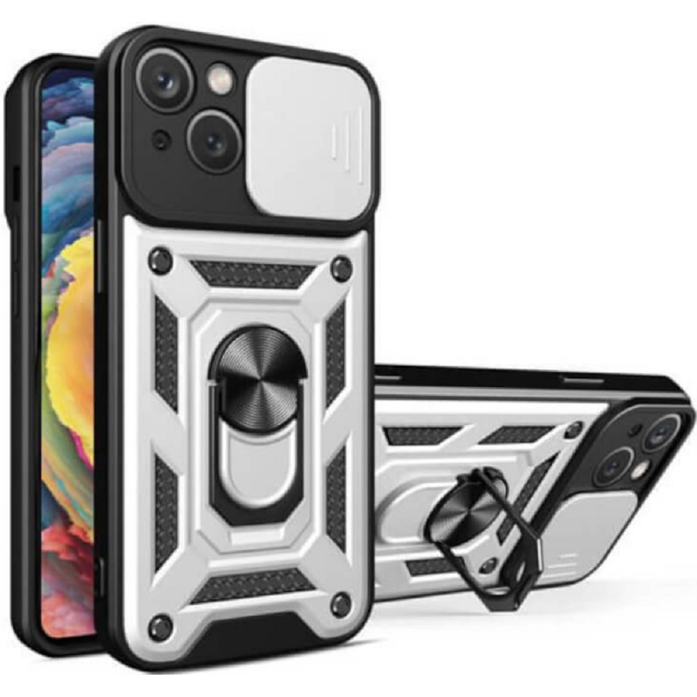 Bodycell Armor Slide - Ανθεκτική Θήκη Apple iPhone 14 με Κάλυμμα για την Κάμερα & Μεταλλικό Ring Holder - Silver (5206015025549)
