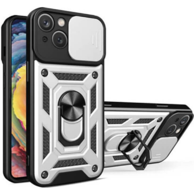 Bodycell Armor Slide - Ανθεκτική Θήκη Apple iPhone 14 με Κάλυμμα για την Κάμερα & Μεταλλικό Ring Holder - Silver (5206015025549)