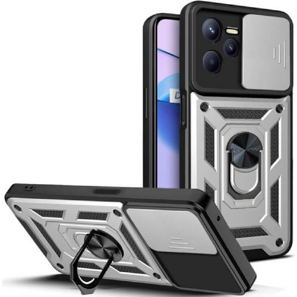 Bodycell Armor Slide - Ανθεκτική Θήκη Realme C35 με Κάλυμμα για την Κάμερα & Μεταλλικό Ring Holder - Silver (5206015018848)