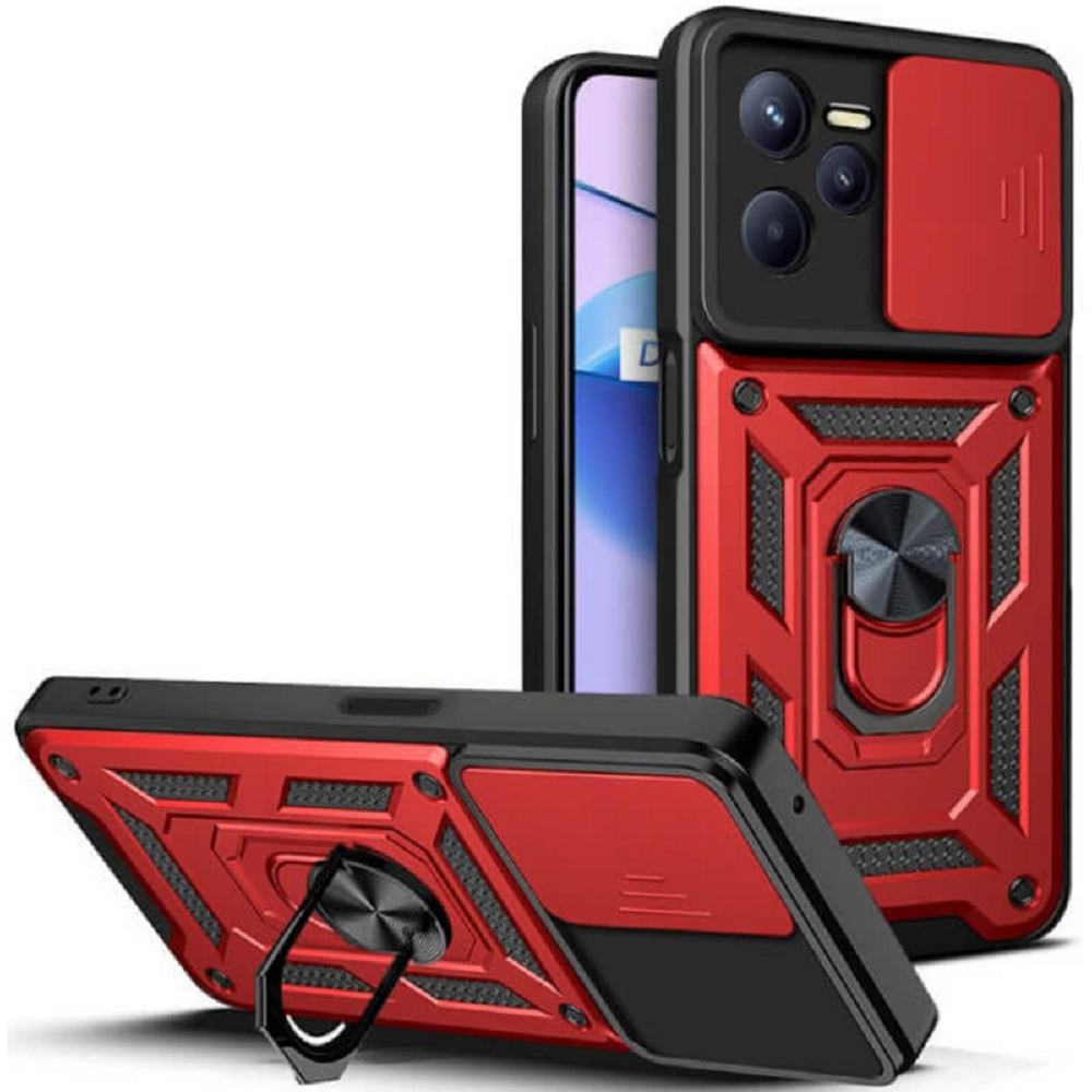 Bodycell Armor Slide - Ανθεκτική Θήκη Realme C35 με Κάλυμμα για την Κάμερα & Μεταλλικό Ring Holder - Red (5206015018824)