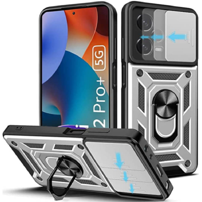 Bodycell Armor Slide - Ανθεκτική Θήκη Xiaomi Redmi Note 12 Pro Plus με Κάλυμμα για την Κάμερα & Μεταλλικό Ring Holder - Silver (5206015020551)