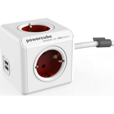 Allocacoc PowerCube Extended USB - Πολύπριζο με 4 Υποδοχές 3680W & Καλώδιο 150cm - 2 x USB-A - 10.5W - Boston Red - 2 Έτη Εγγύηση (1402RD/DEEUPC)