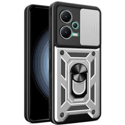 Bodycell Armor Slide - Ανθεκτική Θήκη Xiaomi Poco X5 με Κάλυμμα για την Κάμερα & Μεταλλικό Ring Holder - Silver (5206015011900)