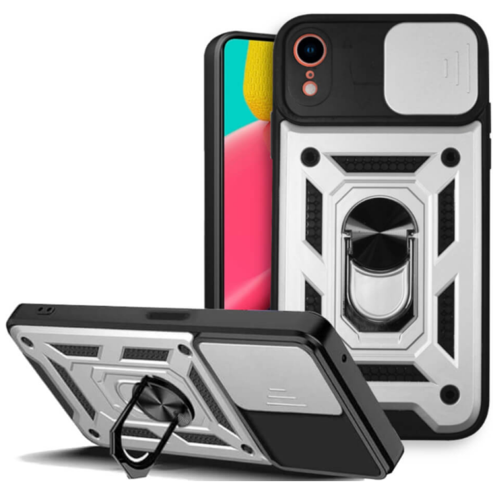 Bodycell Armor Slide - Ανθεκτική Θήκη iPhone XR με Κάλυμμα για την Κάμερα & Μεταλλικό Ring Holder - Silver (5206015003066)