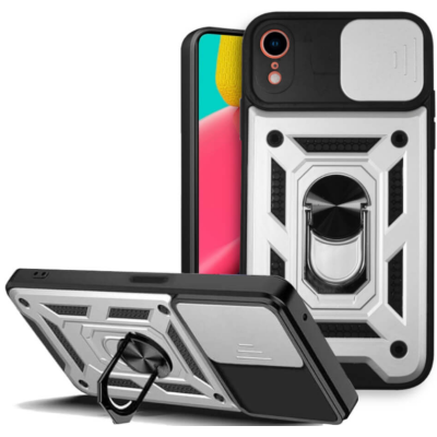 Bodycell Armor Slide - Ανθεκτική Θήκη iPhone XR με Κάλυμμα για την Κάμερα & Μεταλλικό Ring Holder - Silver (5206015003066)