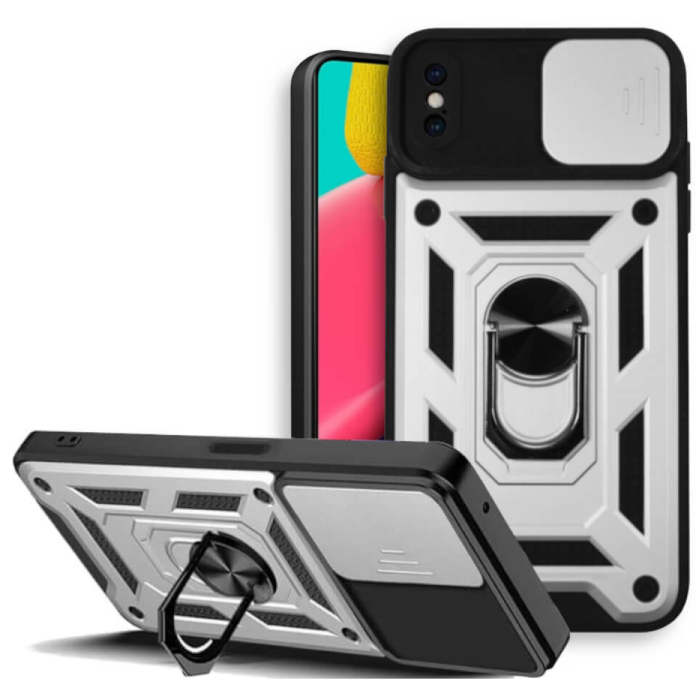 Bodycell Armor Slide - Ανθεκτική Θήκη iPhone XS Max με Κάλυμμα για την Κάμερα & Μεταλλικό Ring Holder - Silver (5206015003127)