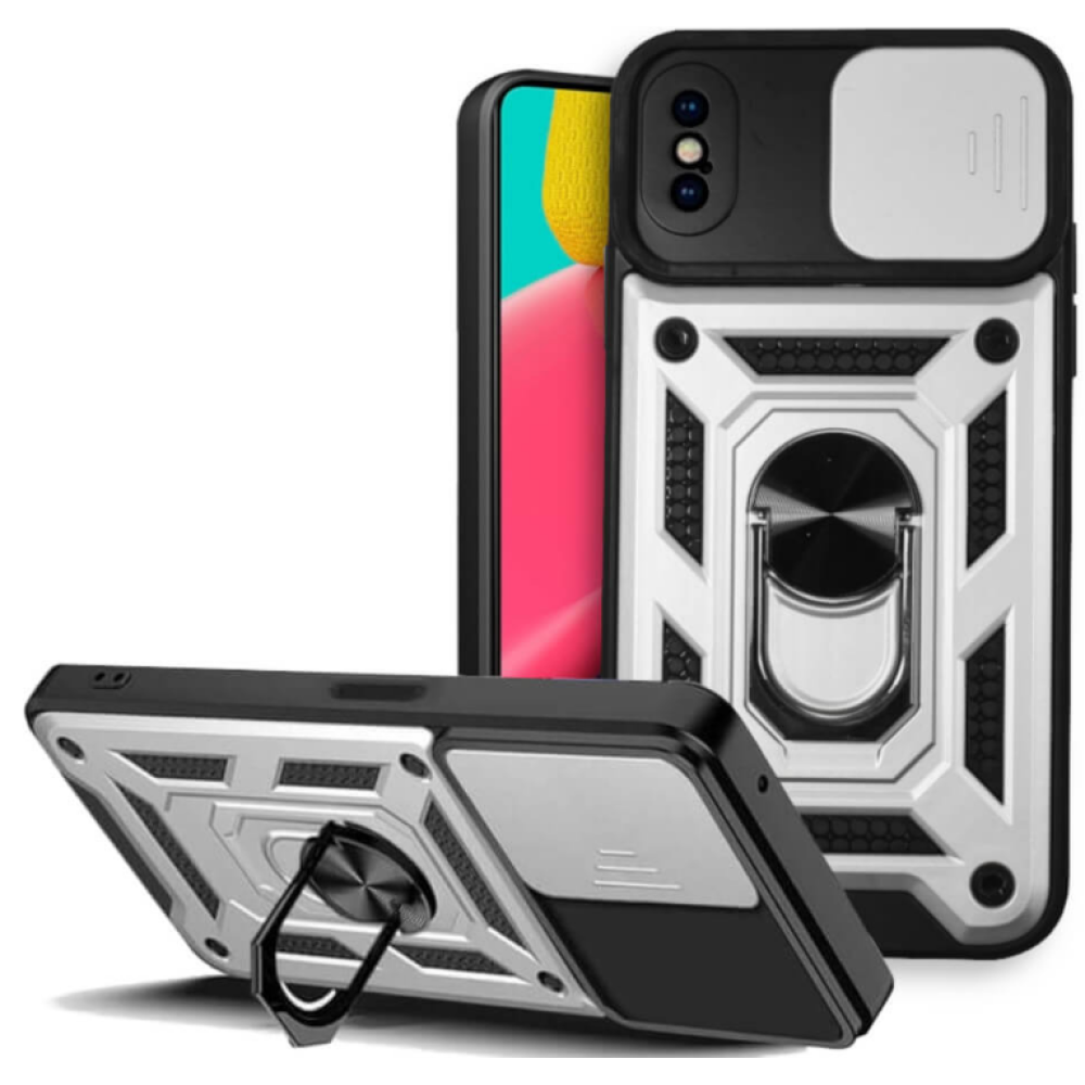 Bodycell Armor Slide - Ανθεκτική Θήκη iPhone X / XS με Κάλυμμα για την Κάμερα & Μεταλλικό Ring Holder - Silver (5206015003035)