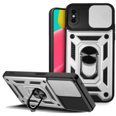 Bodycell Armor Slide - Ανθεκτική Θήκη iPhone X / XS με Κάλυμμα για την Κάμερα & Μεταλλικό Ring Holder - Silver (5206015003035)