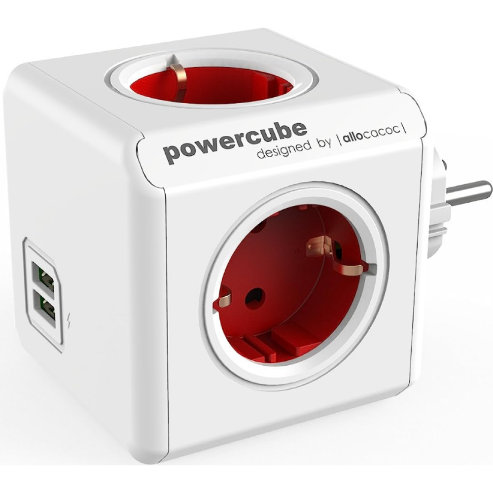 Allocacoc PowerCube Original USB - Πολύπριζο με 4 Υποδοχές Type-F 3680W - 2 x USB-A 10.5W - Boston Red - 2 Έτη Εγγύηση (1202RD/DEOUPC)