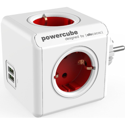 Allocacoc PowerCube Original USB - Πολύπριζο με 4 Υποδοχές Type-F 3680W - 2 x USB-A 10.5W - Boston Red - 2 Έτη Εγγύηση (1202RD/DEOUPC)