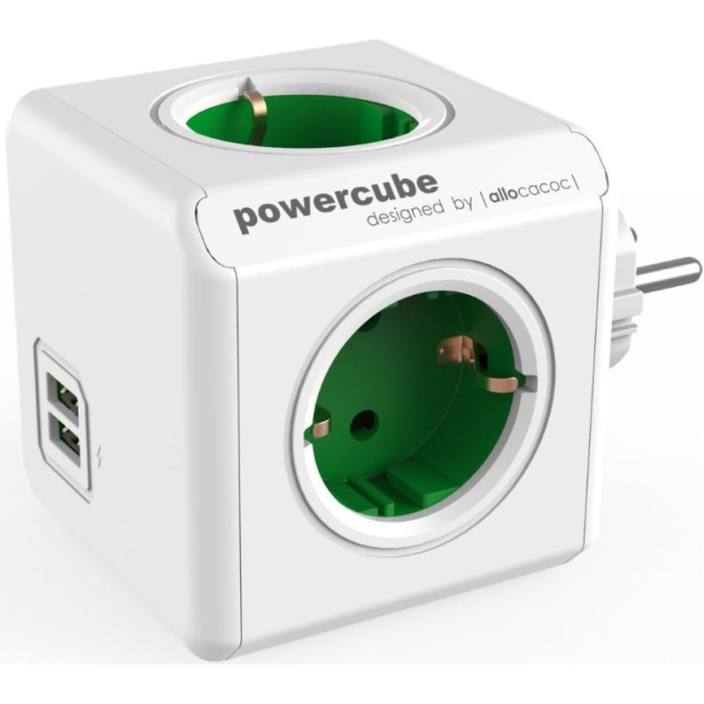 Allocacoc PowerCube Original USB - Πολύπριζο με 4 Υποδοχές Type-F 3680W - 2 x USB-A 10.5W - Kelly Green - 2 Έτη Εγγύηση (1202GN/DEOUPC)