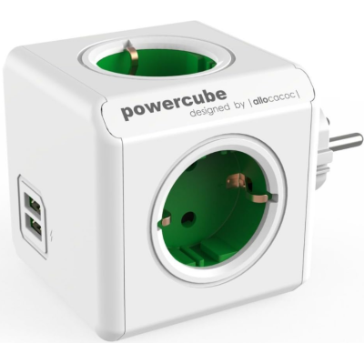 Allocacoc PowerCube Original USB - Πολύπριζο με 4 Υποδοχές Type-F 3680W - 2 x USB-A 10.5W - Kelly Green - 2 Έτη Εγγύηση (1202GN/DEOUPC)