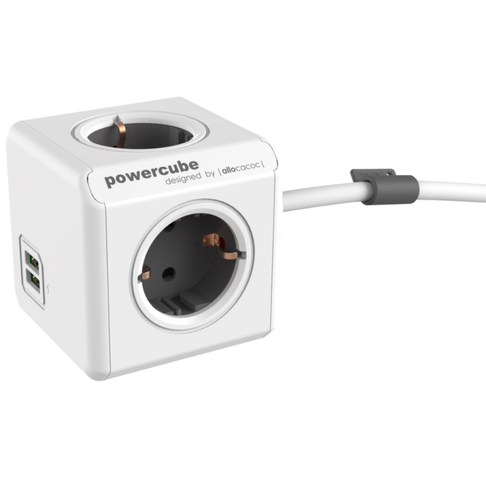 Allocacoc PowerCube Extended USB - Πολύπριζο με 4 Υποδοχές 3680W & Καλώδιο 150cm - 2 x USB-A - 10.5W - Trolley Grey - 2 Έτη Εγγύηση (1402GY/DEEUPC)