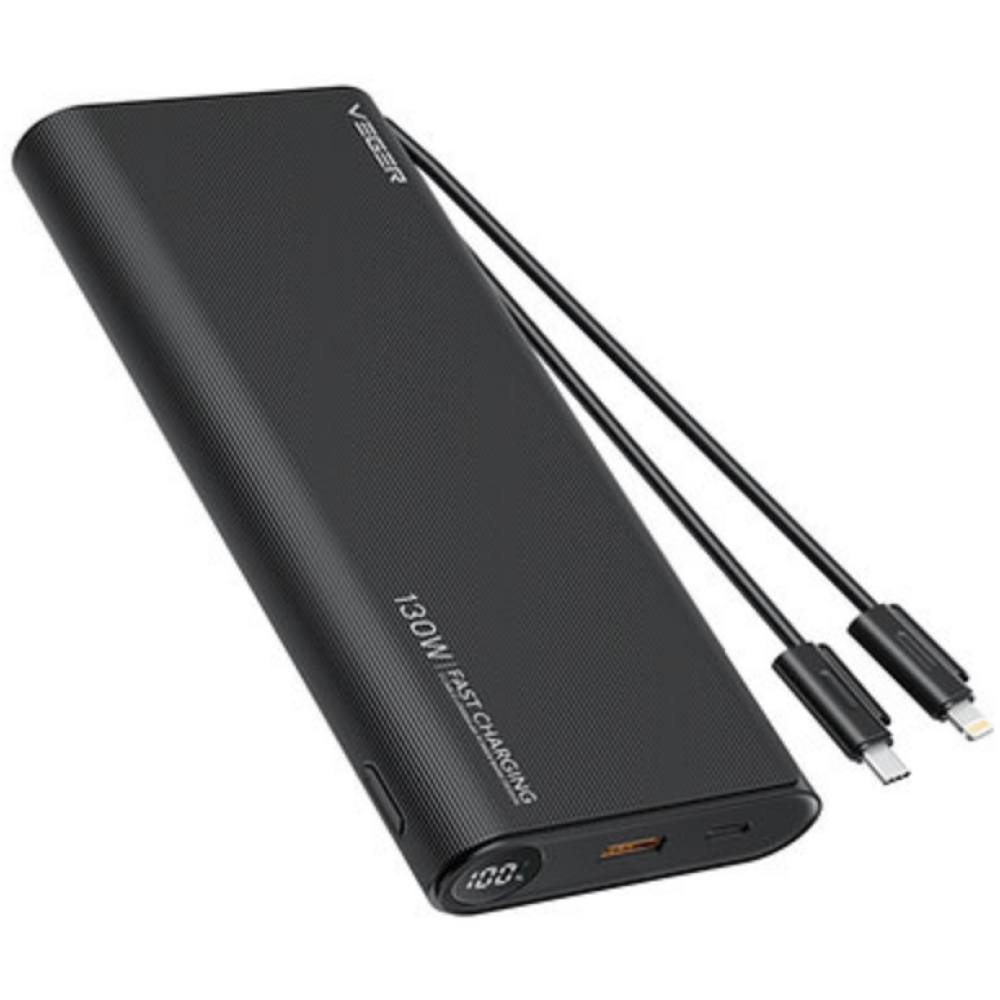 Veger PowerBank TC130 - Φορητή Μπαταρία Φόρτισης με Ενσωματωμένα Καλώδια Type-C & Lightning και 1 x Θύρα USB-A / 1 x Θύρα Type-C - 25000mAh - 130W - Black (W2503)