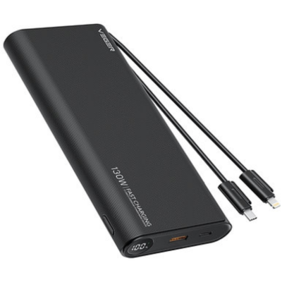 Veger PowerBank TC130 - Φορητή Μπαταρία Φόρτισης με Ενσωματωμένα Καλώδια Type-C & Lightning και 1 x Θύρα USB-A / 1 x Θύρα Type-C - 25000mAh - 130W - Black (W2503)