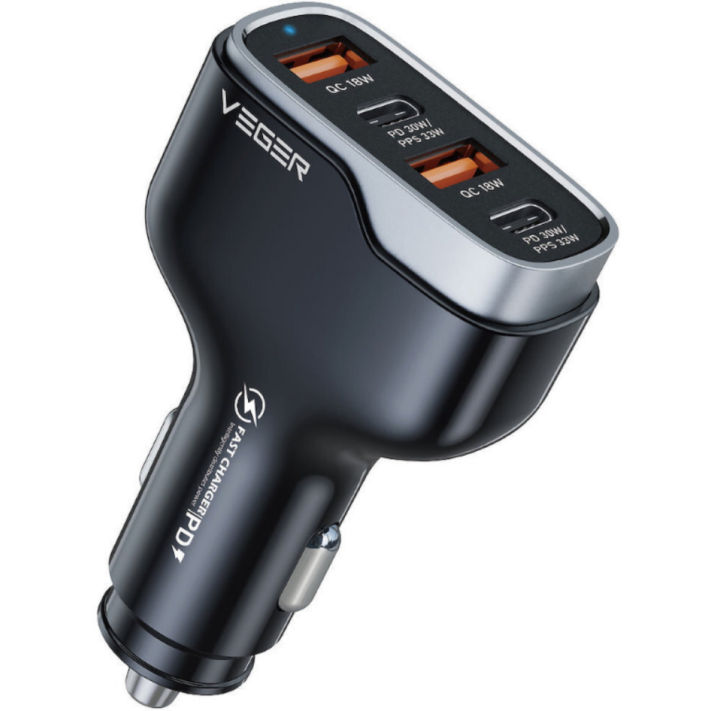 Veger CC53 Quad PD Fast Car Charger - Γρήγορος Φορτιστής Αυτοκινήτου με 2 x USB-A / 2 x Type-C - 66W - Black (6970453555980)