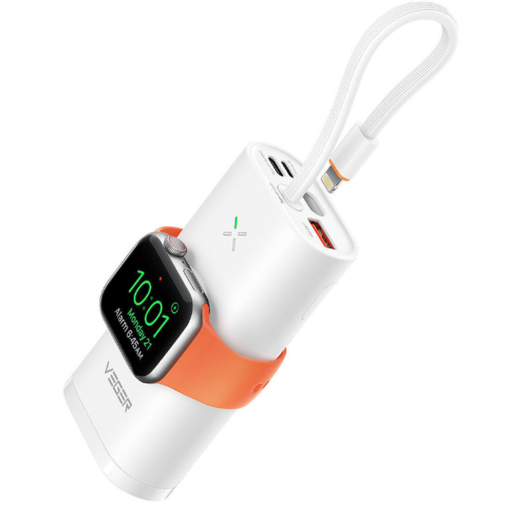 Veger W1162S Mini Fast Charger PowerBank MagFan - Φορητή Μπαταρία Φόρτισης με Kickstand - 10000 mAh με 2 x Type-C / 1 x USB-A - 25W / Ασύρματος Φορτιστής Apple Watch - 2.5W / Καλώδιο Type-C σε Lightning - White (6970453556123)