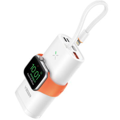 Veger W1162S Mini Fast Charger PowerBank MagFan - Φορητή Μπαταρία Φόρτισης με Kickstand - 10000 mAh με 2 x Type-C / 1 x USB-A - 25W / Ασύρματος Φορτιστής Apple Watch - 2.5W / Καλώδιο Type-C σε Lightning - White (6970453556123)
