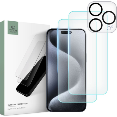 Tech-Protect Supreme Set - Σετ Tempered Glass 2 x Αντιχαρακτικά Προστατευτικά Οθόνης και 1 x Κάμερας - Apple iPhone 15 Pro - Clear (9319456604719)