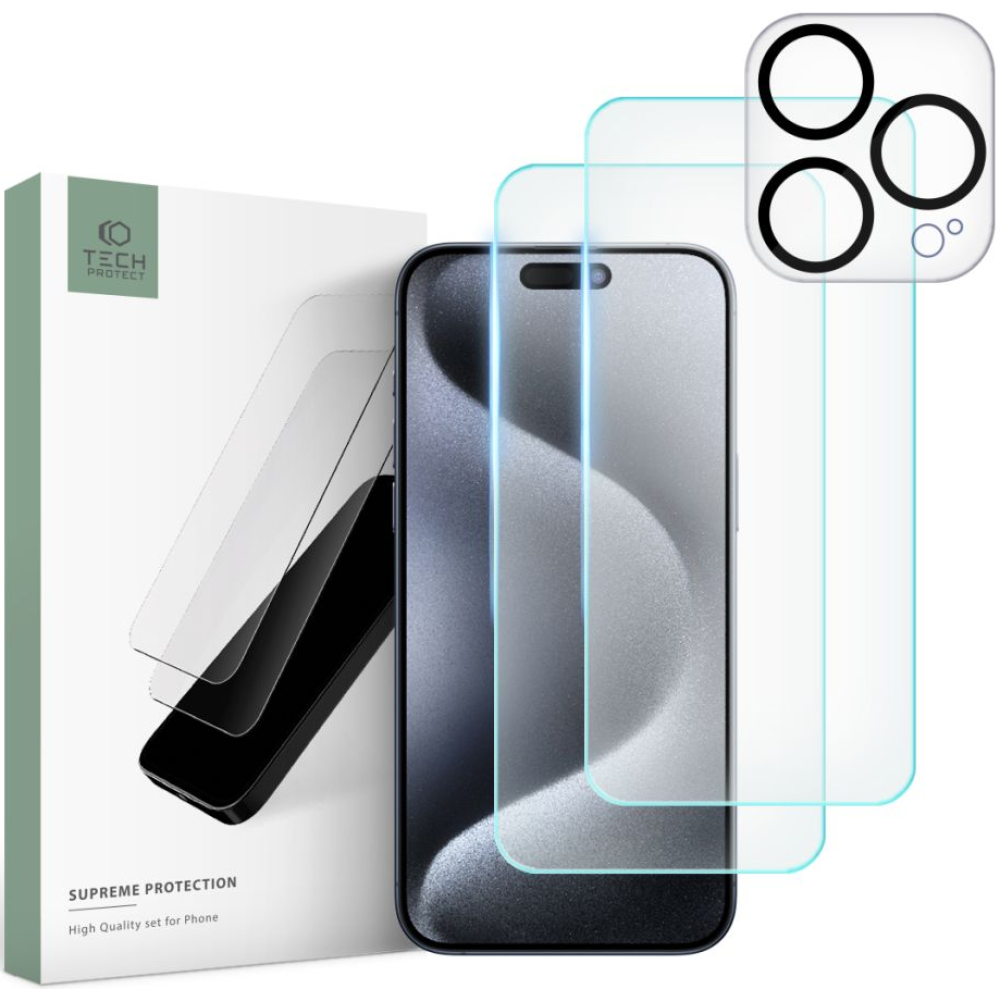 Tech-Protect Supreme Set - Σετ Tempered Glass 2 x Αντιχαρακτικά Προστατευτικά Οθόνης και 1 x Κάμερας - Apple iPhone 15 Pro Max - Clear (9319456604733)