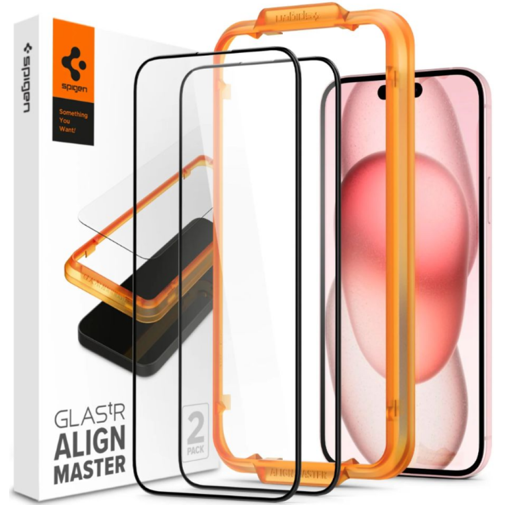 Spigen GLAS.tR ALIGNmaster - Αντιχαρακτικό Fullface Γυάλινο Tempered Glass Apple iPhone 15 Plus - 2 Τεμάχια - Black (AGL06886)