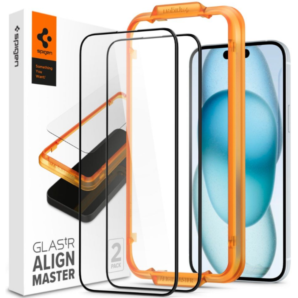 Spigen GLAS.tR ALIGNmaster - Αντιχαρακτικό Fullface Γυάλινο Tempered Glass Apple iPhone 15 - 2 Τεμάχια - Black (AGL06906)