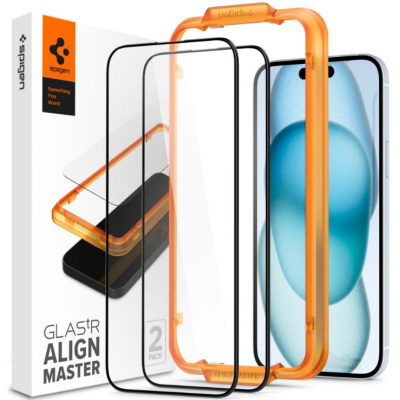 Spigen GLAS.tR ALIGNmaster - Αντιχαρακτικό Fullface Γυάλινο Tempered Glass Apple iPhone 15 - 2 Τεμάχια - Black (AGL06906)
