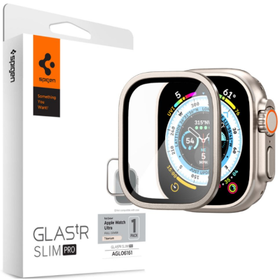 Spigen Tempered Glass GLAS.tR Slim Pro - Full Cover Αντιχαρακτικό Γυαλί Προστασίας Οθόνης με Μεταλλικό Πλαίσιο - Apple Watch Ultra 3 / Ultra 2 / Ultra 1 49mm - Titanium (AGL06161)