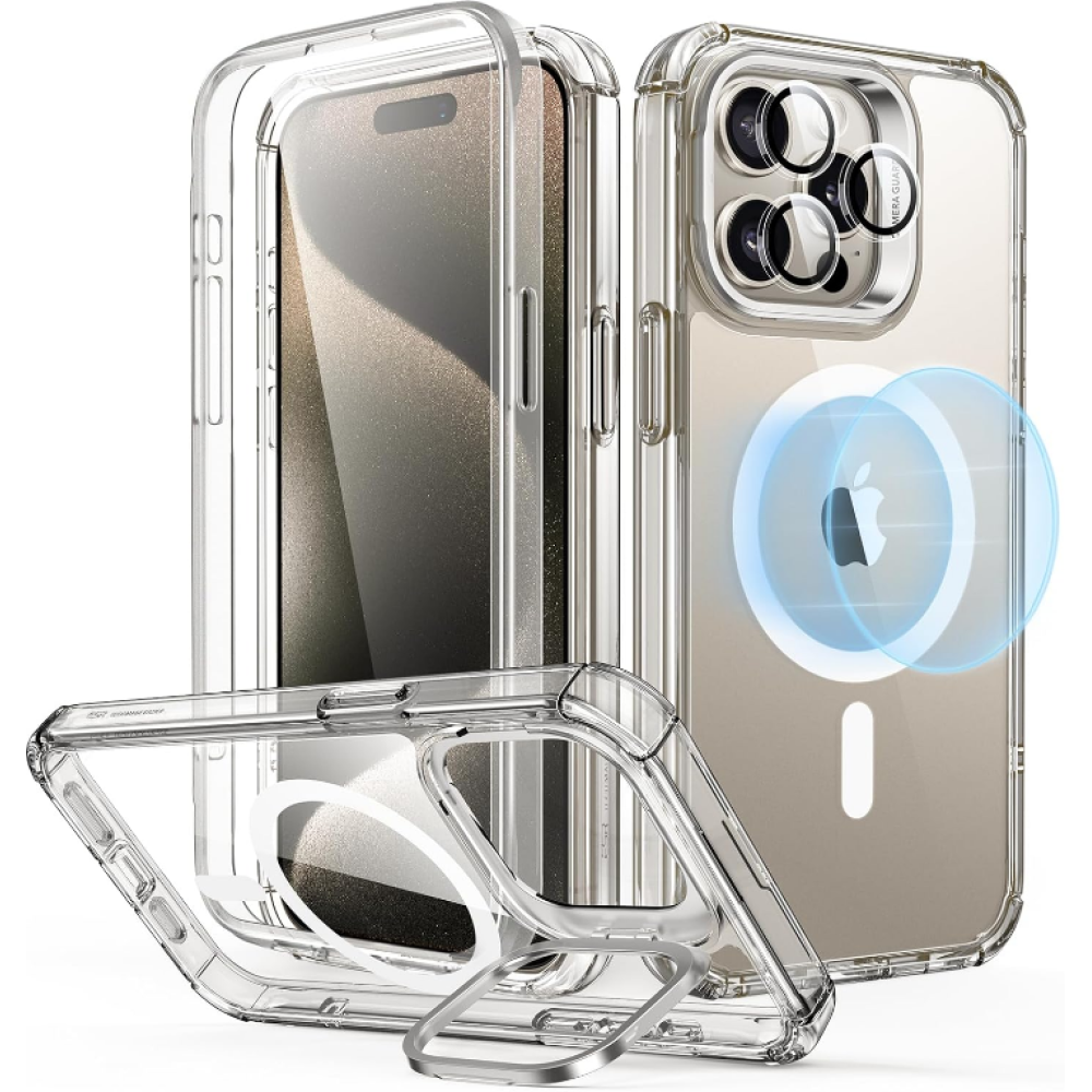 ESR Armor Tough with Stash Stand HaloLock - Ανθεκτική 360° Διάφανη MagSafe Θήκη με Kickstand & Tempered Glass για Φακό Κάμερας - Apple iPhone 15 Pro Max - Clear (4894240176818)