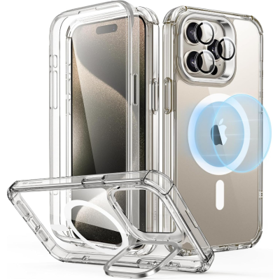 ESR Armor Tough with Stash Stand HaloLock - Ανθεκτική 360° Διάφανη MagSafe Θήκη με Kickstand & Tempered Glass για Φακό Κάμερας - Apple iPhone 15 Pro Max - Clear (4894240176818)