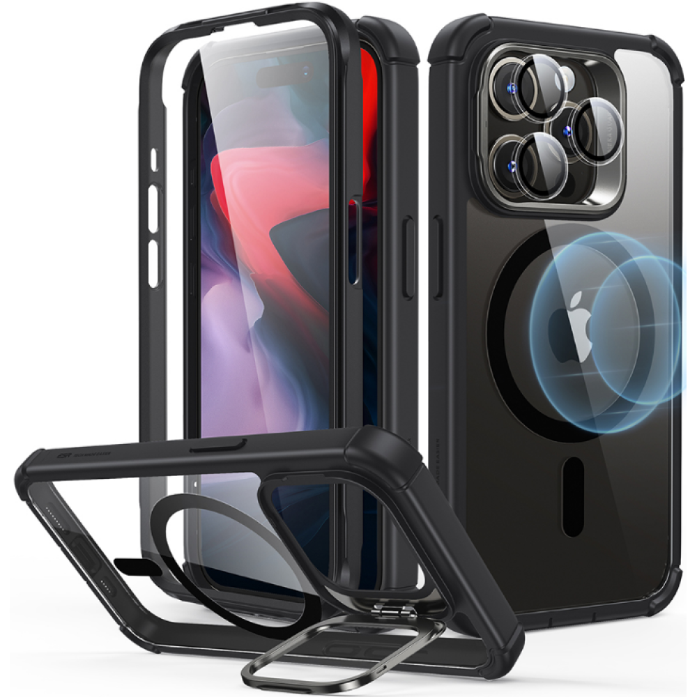 ESR Armor Tough with Stash Stand HaloLock - Ανθεκτική 360° Διάφανη MagSafe Θήκη με Kickstand & Tempered Glass για Φακό Κάμερας - Apple iPhone 15 Pro - Clear / Black (4894240176634)
