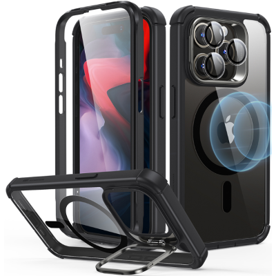ESR Armor Tough with Stash Stand HaloLock - Ανθεκτική 360° Διάφανη MagSafe Θήκη με Kickstand & Tempered Glass για Φακό Κάμερας - Apple iPhone 15 Pro - Clear / Black (4894240176634)