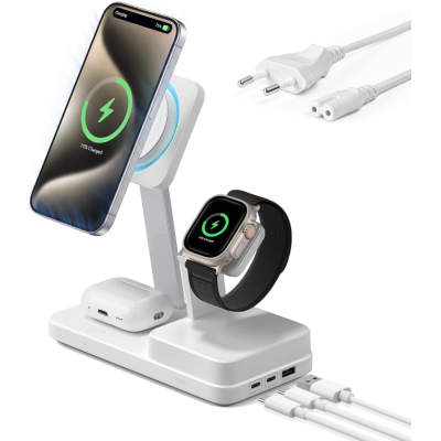 ESR HaloLock 6 in 1 Wireless Charging Station with CryoBoost - Μαγνητική Βάση Ασύρματης Φόρτισης MagSafe για Apple iPhone / Apple Watch / AirPods & 2 x Type-C / 1 x USB-A - 100W - Arctic White (4894240165584)