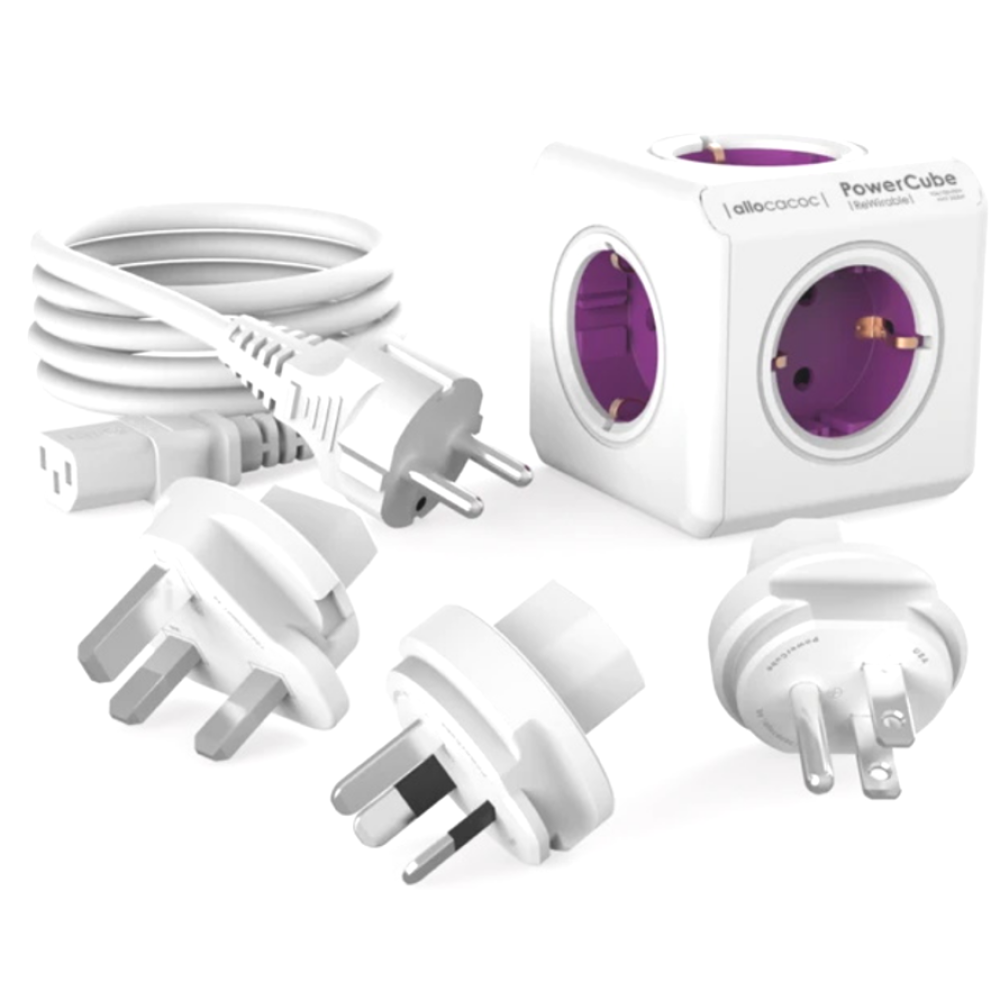 Allocacoc PowerCube Rewirable - Πολύπριζο με 4 Υποδοχές Type-F 1500W / 3 x Βύσματα US / UK / AU & 1 x Καλώδιο IEC EU 100cm - Orchid Purple - 2 Έτη Εγγύηση (1801/DERW3P)