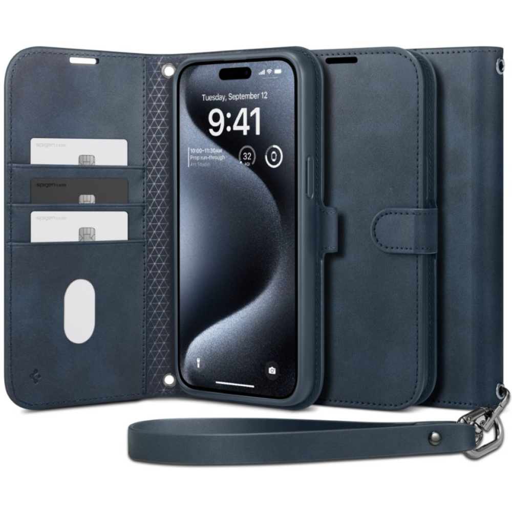 Spigen Wallet S Pro - Ανθεκτική Θήκη Πορτοφόλι Apple iPhone 15 Pro Max με Αποσπώμενο Λουράκι Χειρός / Λαιμού - Navy (ACS06606)