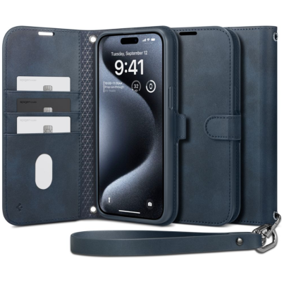 Spigen Wallet S Pro - Ανθεκτική Θήκη Πορτοφόλι Apple iPhone 15 Pro Max με Αποσπώμενο Λουράκι Χειρός / Λαιμού - Navy (ACS06606)