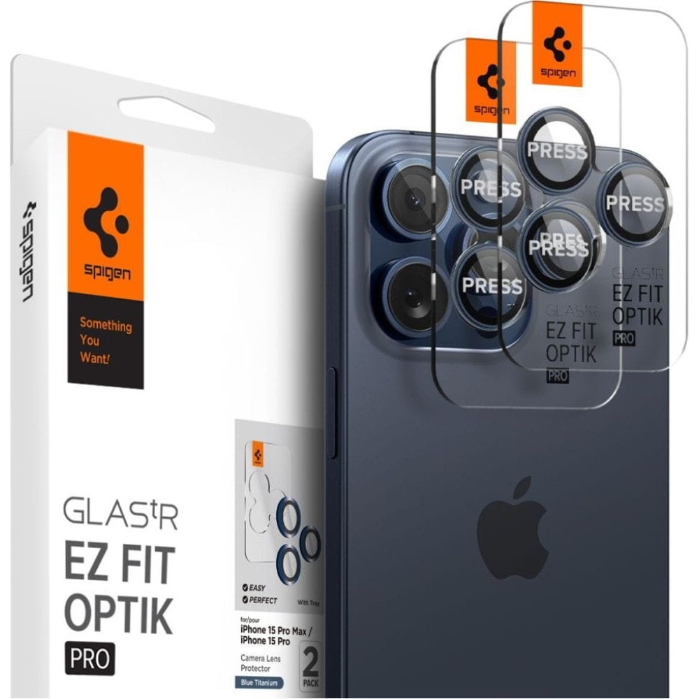 Spigen GLAS.tR EZ Fit OPTIK Pro Camera Lens Protector - Αντιχαρακτικό Προστατευτικό Γυαλί για Φακό Κάμερας Apple iPhone 15 Pro / 15 Pro Max / 14 Pro / 14 Pro Max - 2 Τεμάχια - Blue Titanium (AGL07164)