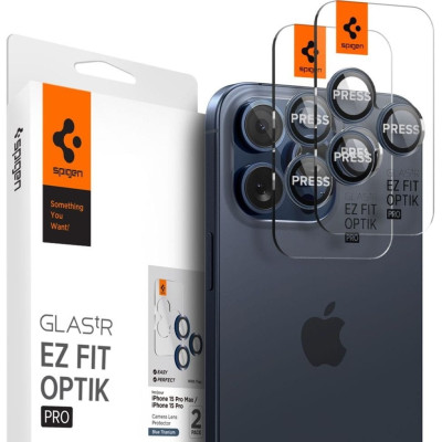 Spigen GLAS.tR EZ Fit OPTIK Pro Camera Lens Protector - Αντιχαρακτικό Προστατευτικό Γυαλί για Φακό Κάμερας Apple iPhone 15 Pro / 15 Pro Max / 14 Pro / 14 Pro Max - 2 Τεμάχια - Blue Titanium (AGL07164)