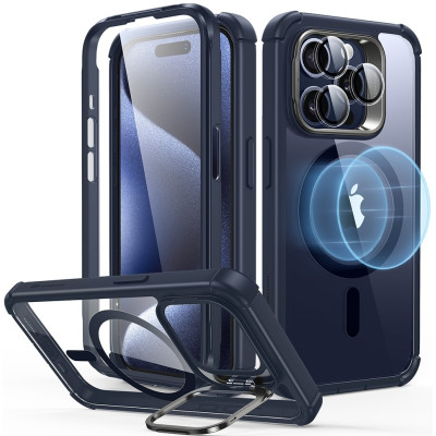 ESR Armor Tough with Stash Stand HaloLock - Ανθεκτική 360° Διάφανη MagSafe Θήκη με Kickstand & Tempered Glass για Φακό Κάμερας - Apple iPhone 15 Pro - Clear / Dark Blue (4894240176641)