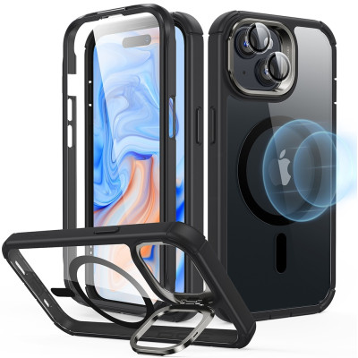 ESR Armor Tough with Stash Stand HaloLock - Ανθεκτική 360° Διάφανη MagSafe Θήκη με Kickstand & Tempered Glass για Φακό Κάμερας - Apple iPhone 15 Plus - Clear / Black (4894240176610)
