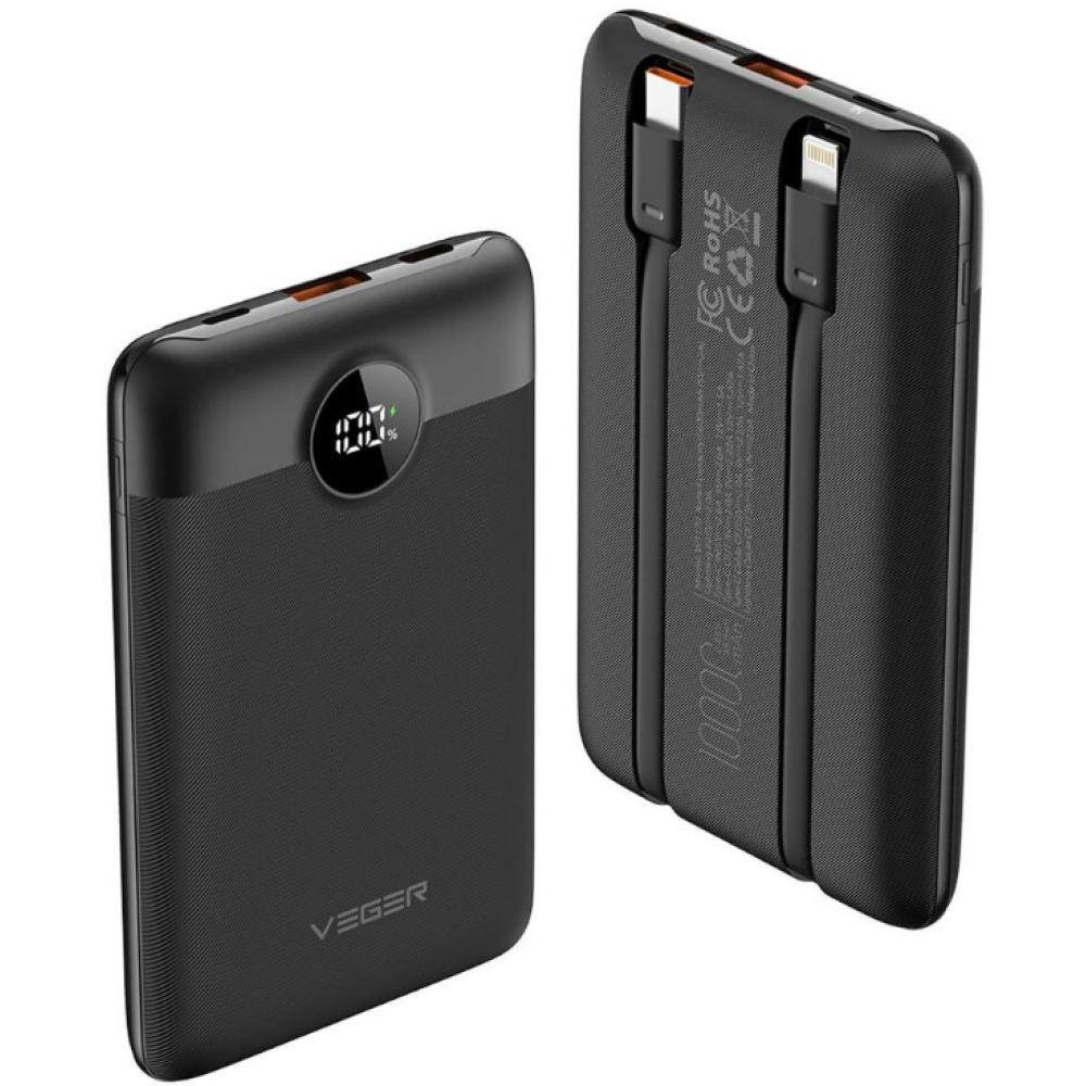 Veger PowerBank C11 με Ψηφιακή Οθόνη LED - Φορητή Μπαταρία Φόρτισης με Ενσωματωμένα Καλώδια 1 x Type-C / 1 x Lightning και Θύρα 1 x USB-A - 10000mAh - 22.5W - Black (W1170)
