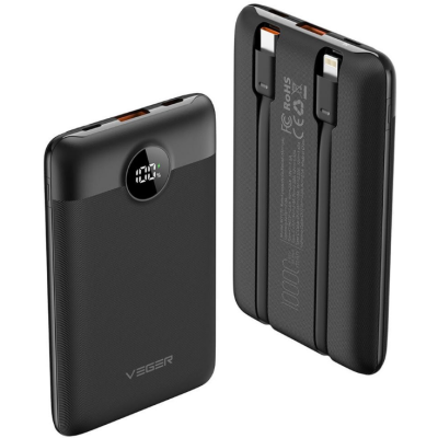 Veger PowerBank C11 με Ψηφιακή Οθόνη LED - Φορητή Μπαταρία Φόρτισης με Ενσωματωμένα Καλώδια 1 x Type-C / 1 x Lightning και Θύρα 1 x USB-A - 10000mAh - 22.5W - Black (W1170)