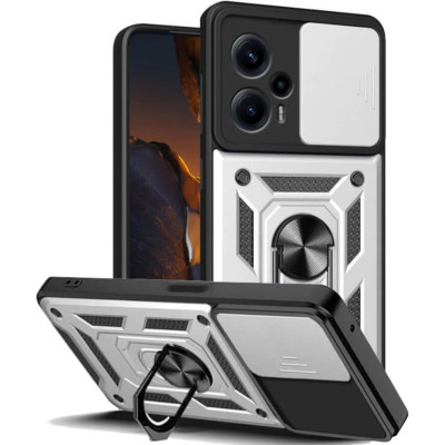 Bodycell Armor Slide - Ανθεκτική Θήκη Xiaomi Poco F5 με Κάλυμμα για την Κάμερα & Μεταλλικό Ring Holder - Silver (5206015022319)