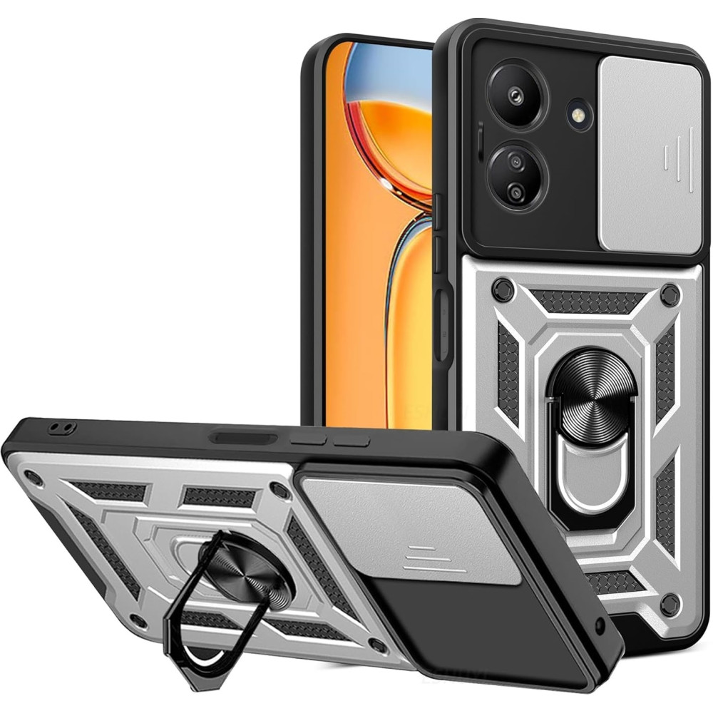 Bodycell Armor Slide - Ανθεκτική Θήκη Xiaomi Redmi 13C 4G / Poco C65 με Κάλυμμα για την Κάμερα & Μεταλλικό Ring Holder - Silver (5206015072888)