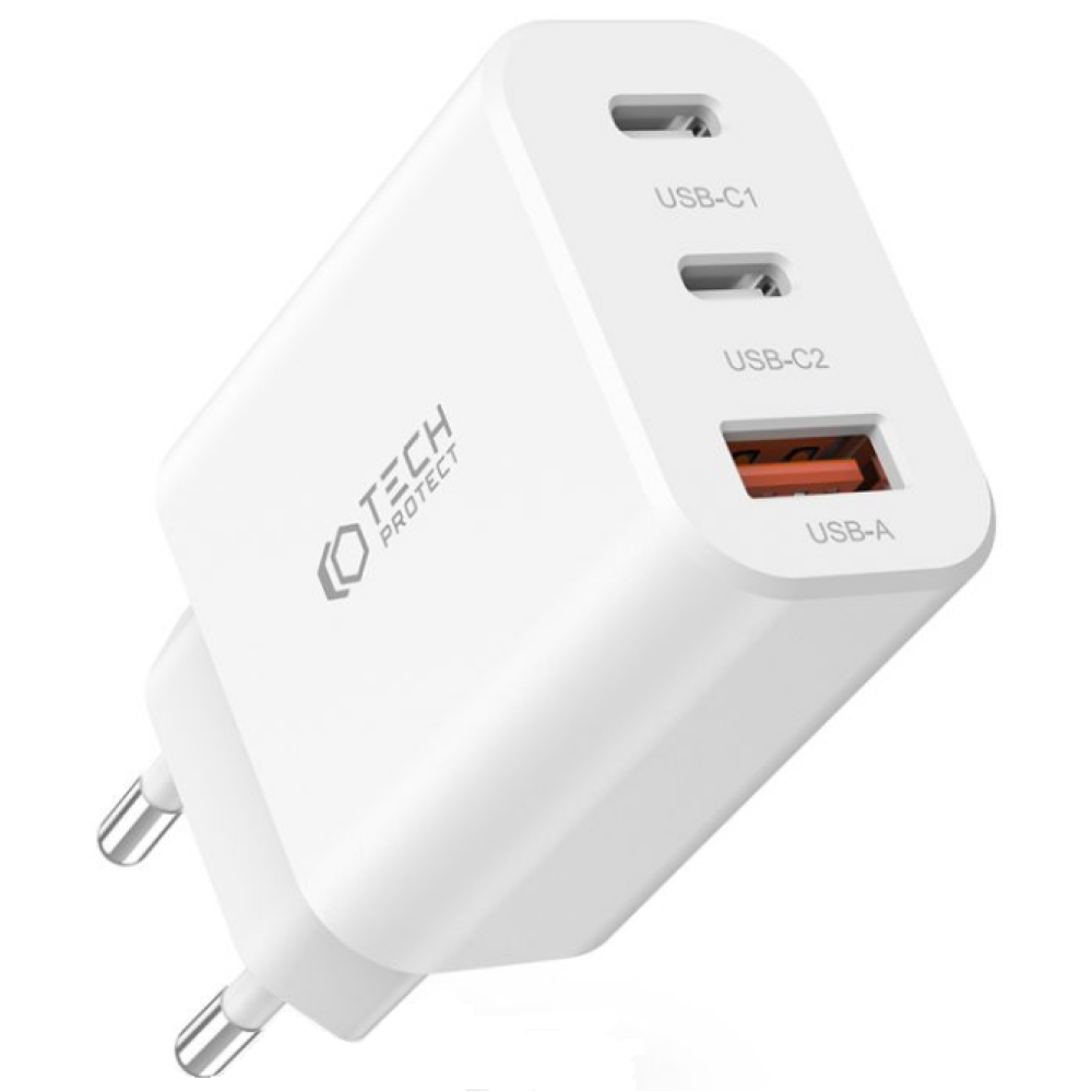Tech-Protect C30W - Ταχυφορτιστής Ταξιδιού / Αντάπτορας με 1 x USB-A / 2 x Type-C - 30W - White (9490713935262)