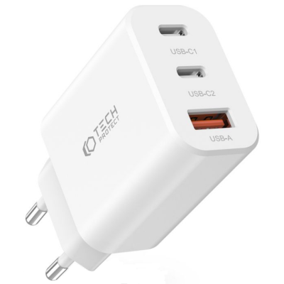 Tech-Protect C30W - Ταχυφορτιστής Ταξιδιού / Αντάπτορας με 1 x USB-A / 2 x Type-C - 30W - White (9490713935262)