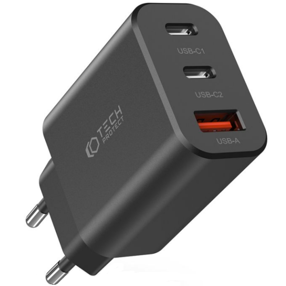 Tech-Protect C30W - Ταχυφορτιστής Ταξιδιού / Αντάπτορας με 1 x USB-A / 2 x Type-C - 30W - Black (9490713935231)